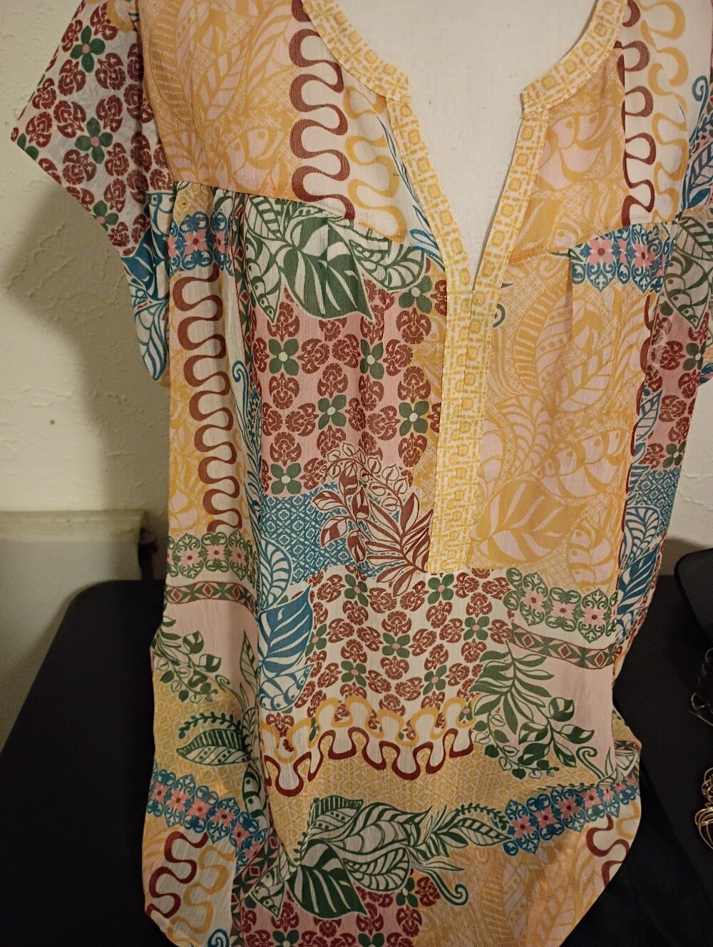 Cato Yellow Multicolor Patchwork V-Neck Tunic